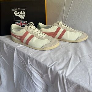 Gola Bullet Pure White/Coral Pink/Green Mist Leather and Suede Retro Sneakers